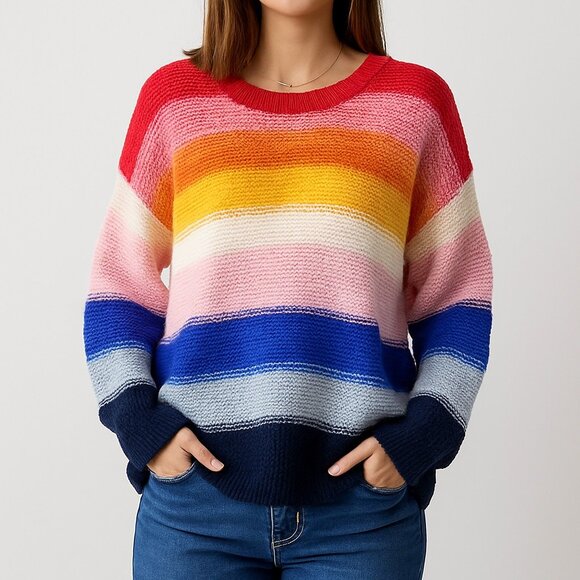 Old Navy Womens L Rainbow Striped Sweater Multicolor Knit Colorful Preppy Casual - Picture 1 of 16
